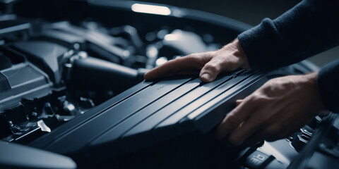 Obraz premium Close-up of hands removing dark gray car part, showcasing automotive maintenance or repair concept