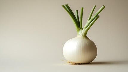 Fresh, whole white onion with green stems against a neutral background