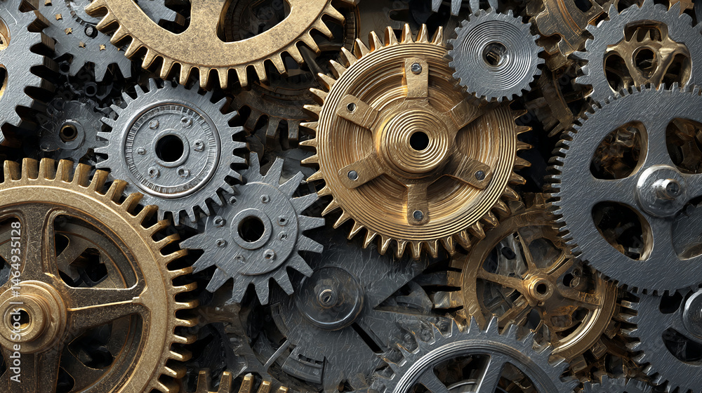 Poster close-up of interlocking gold and silver gears, showcasing intricate mechanical detail symbolizing c