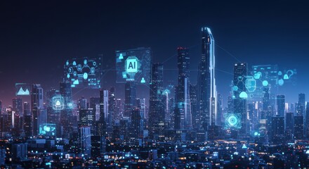 City skyline with glowing network icons at night futuristic technology concept.