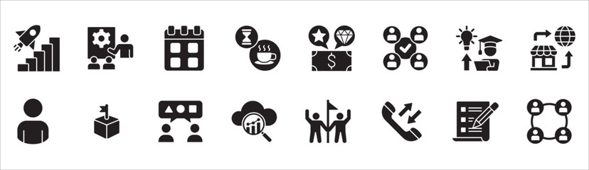 Business management flat icon set. Contains symbol of businessman, target, finance, success, data, customer service, work, money, store, shop, meeting, education, idea. Vector illustration