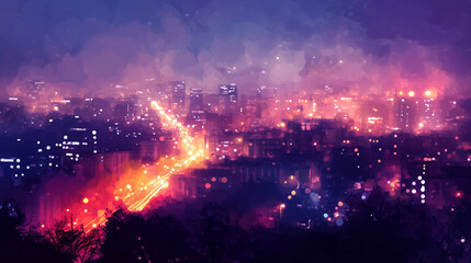 Obraz premium Watercolor-style Urban Nightscape with City Lights and Purple Sky 