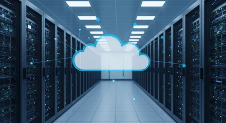 Server room with rows of servers and a cloud graphic overlay.