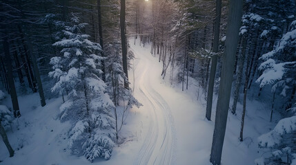 Winter wonderland aerial view of a path through a snow-covered forest