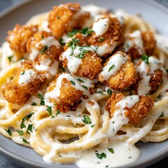 Delicious Pasta Noodles with Golden Fried Chicken and Cream Sauce, Garnished with Parsley