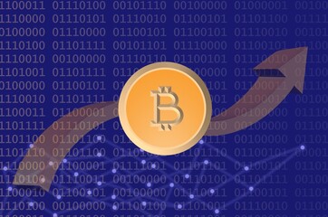 3D stylized Bitcoin symbol in front of a 3D curved upward arrow. The background is navy blue with seamless light orange binary code (0s and 1s), and at the bottom, interconnected dots