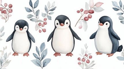 Naklejka premium Whimsical watercolor pattern featuring penguins, berries, and leaves