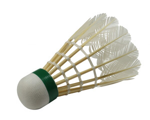 A single shuttlecock with white feathers and a green band isolated on a black background close up view