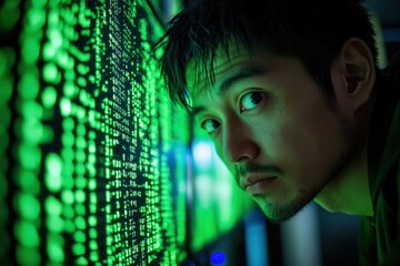 Programmer reading green code on computer screen in a dark room