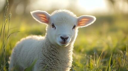 Fototapeta premium Portrait of a cute, fluffy lamb in a green field under a warm sunlight