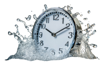 A classic clock submerged in a dramatic water splash frozen in time against a stark black on transparent background