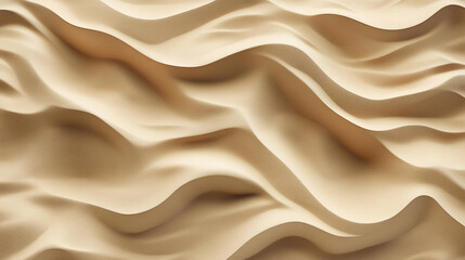 Fototapeta premium Top view of a desert sand pile with soft dune textures and flowing patterns. Symbolizes nature’s rhythm, minimalism, and the raw beauty of earth in a serene, warm-toned background landscape.