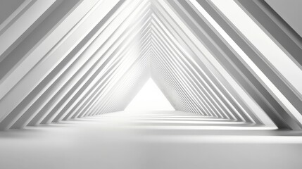 Abstract architectural design featuring a series of triangular white structures leading to light