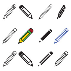 A professional collection of pencil icon silhouettes perfect for use in user interface designs, educational materials, or creative apps.

