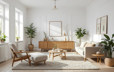 Fototapeta premium Elegant Scandinavian-style room with mid-century modern touches, a cozy carpet, and warm wooden elements. Bright white walls and indoor plants create a calm, inviting atmosphere.