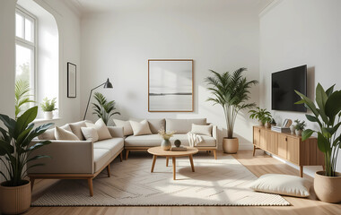 Elegant Scandinavian-style room with mid-century modern touches, a cozy carpet, and warm wooden elements. Bright white walls and indoor plants create a calm, inviting atmosphere.