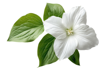 A pristine white trillium flower blossoms showcasing delicate petals and vibrant green leaves on transparent background