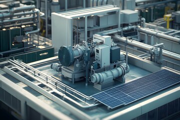 Modern industrial power plant with solar panels and energy storage system on a rainy day