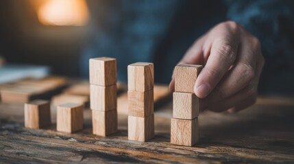 Wooden blocks arranged in a growing pattern, manipulation by hand.