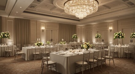 Elegant ballroom with tables set for a formal event under a large chandelier.