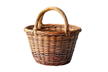 A rustic woven wicker basket with a sturdy handle beautifully crafted with natural tones on transparent background