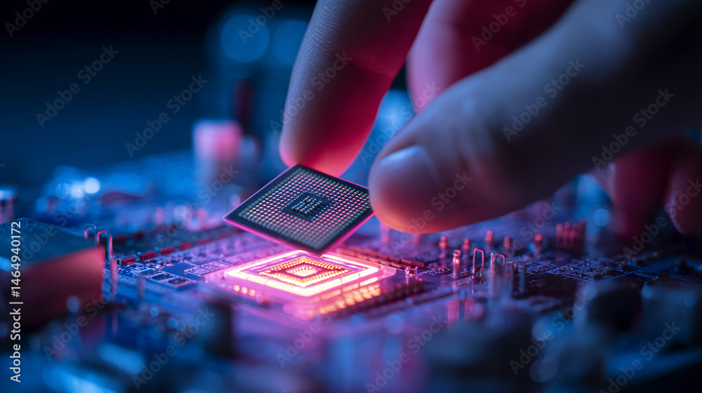 Poster Close-up of a hand placing microchip onto circuit board, glowing pink and blue, showcasing technological advancement and precision, symbolic of innovation and computing power