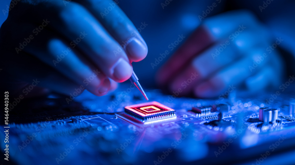 Poster close-up of hands installing microchip on circuit board, illuminated with blue and red light, showca