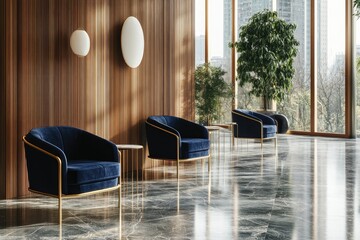 Modern lobby with dark blue velvet armchairs, wooden walls, and city views.  Spacious, elegant waiting area