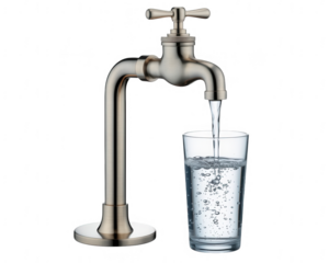 Close up of a silver faucet pouring water into a clear glass against a black background studio shot