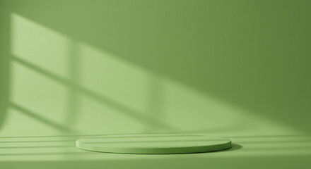 Empty Sage Green Display  for Product Presentation. Abstract green studio room with light and shadow from window background for product display presentation. 