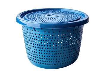 A vibrant blue perforated plastic basket with a lid isolated on a black background showcasing on transparent background