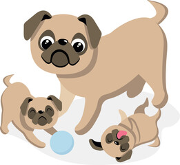 Illustration of a Pug and Puppies. Kawaii pug vector illustration