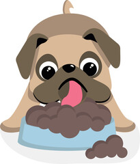 Illustration of Pug Eating from Bowl. Kawaii pug vector illustration
