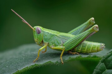 Fototapeta premium Vibrant Green Grasshopper on Leaf: A Close-Up Macro Photograph