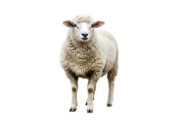 Fototapeta premium A Fluffy White Sheep Stands Against a White Background isolated on white background