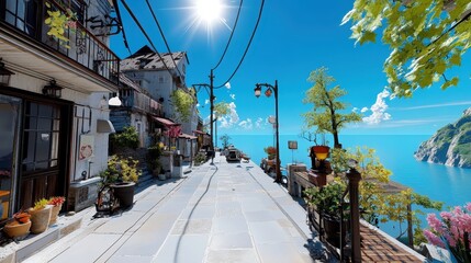 Sunlit Coastal Village Street Scene Quaint Buildings Ocean View Lush Greenery  Stone Pavement Vintage Streetlights Sunny Day Calm Waters Cliffside Landscape