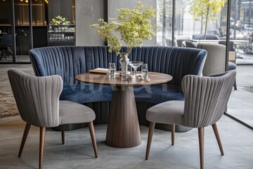 Modern, curved booth seating set with a round table.  Dark blue and light gray upholstery,  wooden base.  Natural light from large windows