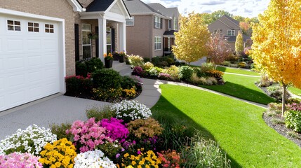 Fototapeta premium Beautiful Landscaped Homes with Colorful Flower Beds and Lush Green Lawns