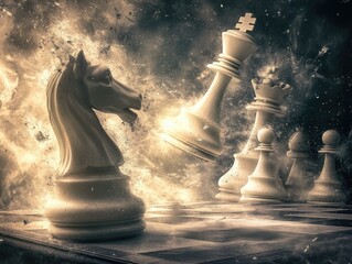 Chess pieces clash in explosive battle on a dark board.  White knight attacks a falling white king amidst fiery destruction