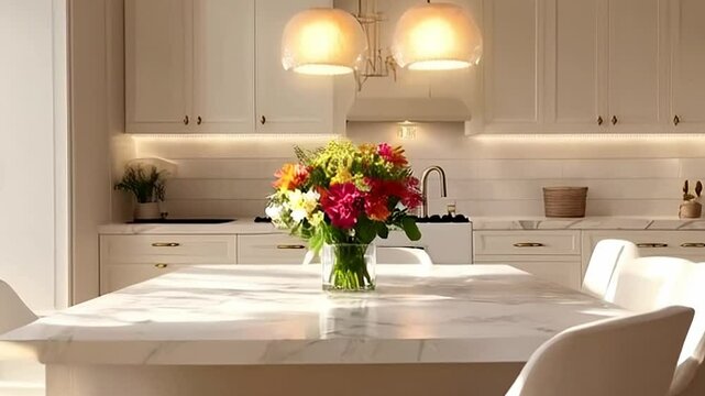 Close Up Of A Colorful Flowers Arrangement In A Glass Vase On A White Marble Kitchen Table Against White Kitchen Cabinets Under Warm Lighting For Home Decor And Interior Design