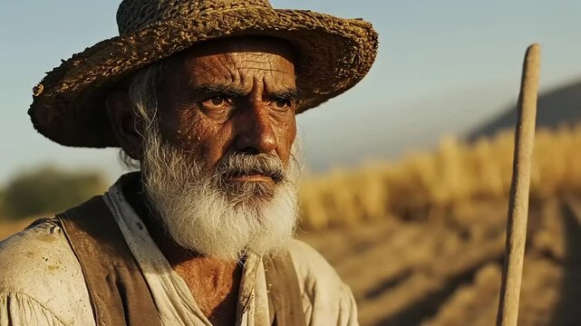 Weathered Wisdom: Portrait of an Elderly Farmer Amidst Golden Wheat Fields