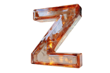 Amber Glass Letter Z Illuminated from Within Glowing Warmth Dark Background 3D on transparent background
