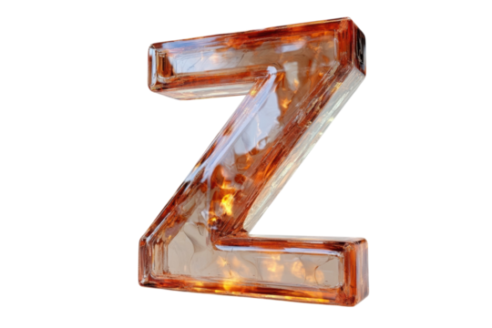 Amber Glass Letter Z Illuminated from Within Glowing Warmth Dark Background 3D on transparent background