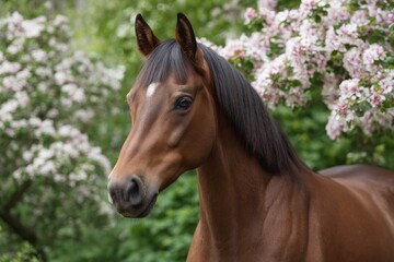 Obraz premium Elegant Bay Horse Portrait: Serene Spring Blossom Setting