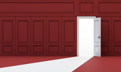 A white door opens into a glowing space within a red-walled room, signifying bold change and new possibilities. 3d rendering