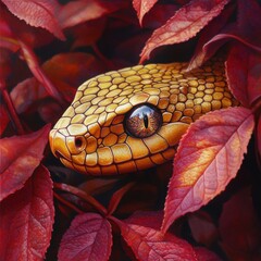Fototapeta premium Snake in Red Leaves Portrait