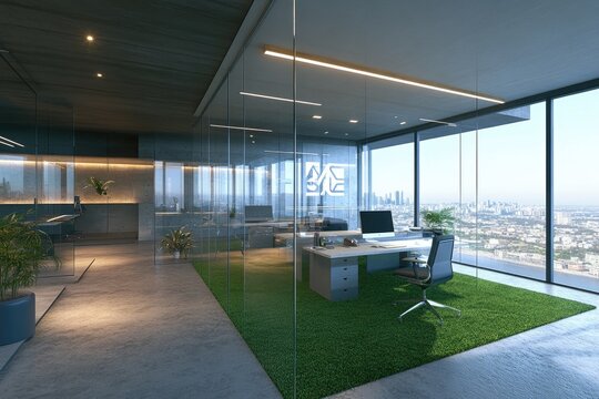 Modern office space with glass partitions, a grassy floor, and city views. - Powered by Adobe