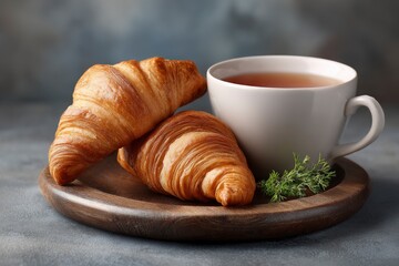 Golden Croissants and Tea: A Rustic, Warm Breakfast Scene