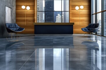 Modern lobby with dark gray marble flooring, wooden walls, and navy reception desk.