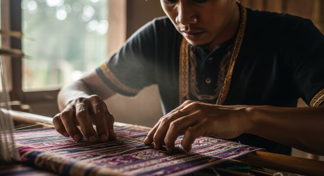 A Batak man, Indonesia, weaving songket or ulos cloth.